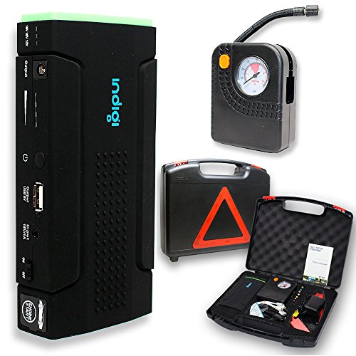 Indigi Multi-Function Vehicle Jump Starter Tire Compressor Battery Power Bank Charger For Smartphone iPhone Tablet iPad Laptop w/ Durable Hard Case Bundled