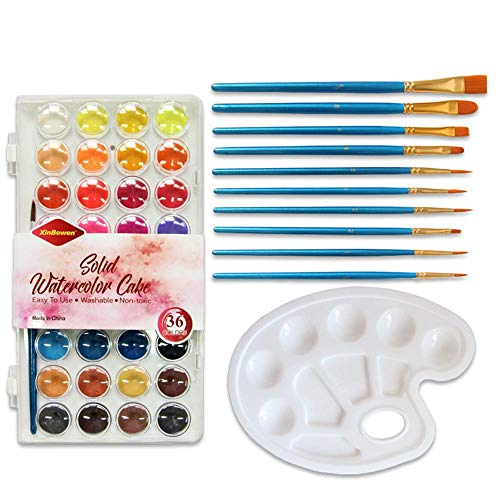 Watercolour Paint Set, leegoal 36 Professional Assorted Vibrant Colours Cakes with 10 Water Brush Pen and 1 Plastic Palette for Professional Artist, Hobby Painters, Beginners & Kids
