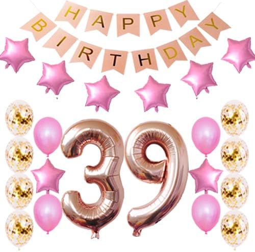 39th Birthday Decorations Party Supplies Happy 39th Birthday Confetti Balloons Banner and 39 Number Sets for 39 Years Old Party-Rose Gold