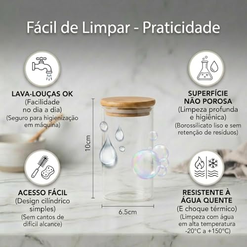 Kit 10 Potes Herméticos 250ml de Vidro com Tampa de Bambu Natural – Redondos com Vedação de Silicone, Organizadores para Cozinha, Armazenar Temperos, Grãos, Café, Chá, Açúcar, Doces e Mantimentos