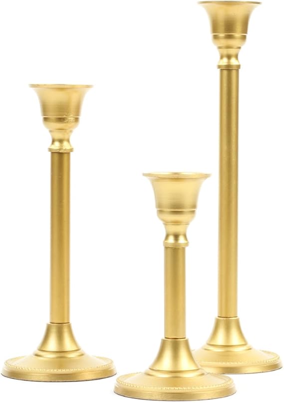 Amazon Com Koyal Wholesale Gold Taper Candle Holder Set Of 3 Candlestick Set Tall Candle Holders Home Kitchen