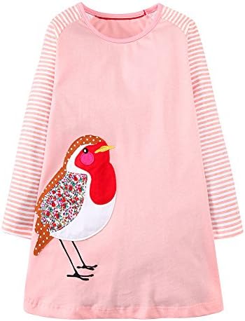 IsabelaKids Girls Cotton Long Sleeve Casual Cartoon Appliques Striped Jersey Dresses (2T, Pink Bird)