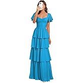 Eyhuoaa Tiered Bridesmaid Dresses Short Sleeve Long Chiffon Wedding Guest Dress for Women Ruffles Prom Evening Gowns