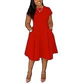 Summer Dresses for Women Semi-Formal Fit Casual Slim Short Sleeve O-Neck Elegant Swing A Line Midi Dresses with Pockets