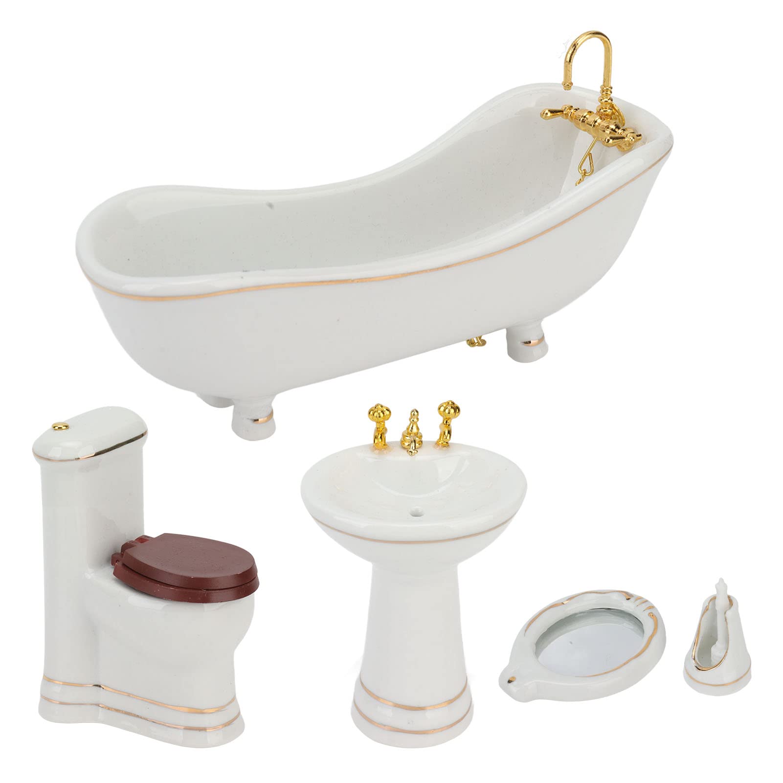 KENANLAN 5 Pieces Dollhouse Furniture Bathroom Set,1:12 Miniature Dollhouse Furniture Toys,Bathroom Accessories, Ceramic Bathtub Toilet Sink Kit for Dollhouse