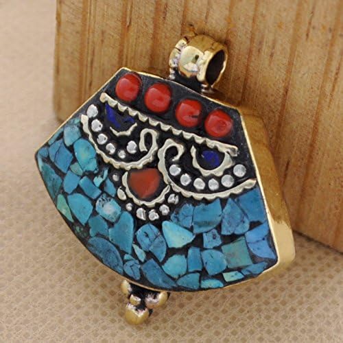 Pendent- Brass Tibetan Nepalese Style Turquoise Coral Lapis Mosic Pendant from Nepal L124