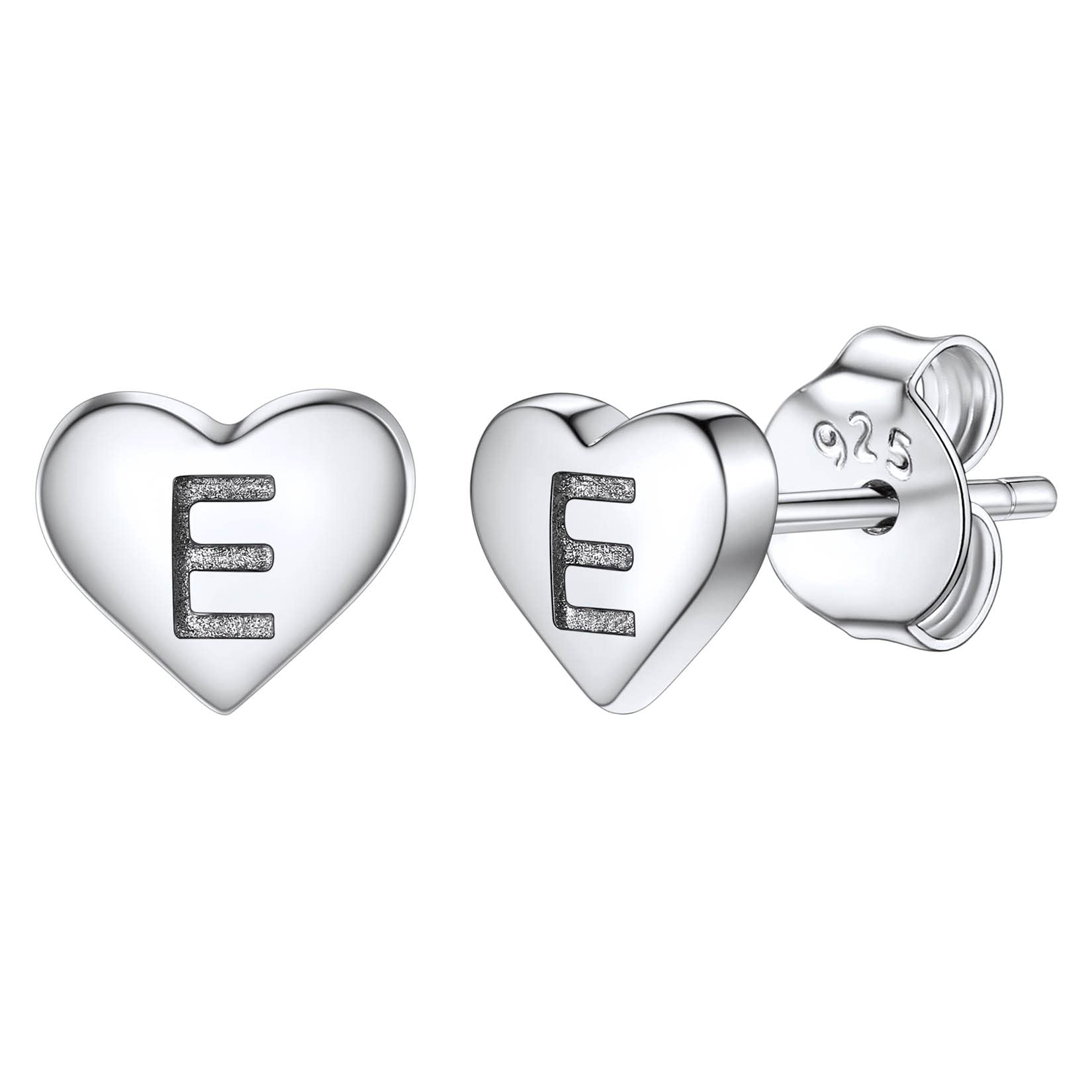 Studs Earrings for Women, S925 Sterling Silver Heart Initial Letter E Small Tiny Earrings for Girls Ladies Mum Daughter Sisters Friends Lover Hypoallergenic Silver Jewellery with Gift Box