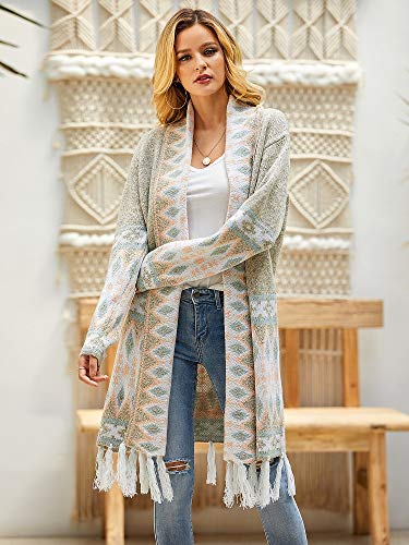 Ferbia Women Boho Cardigan Open Front Long Maxi Knit Sweaters Aztec Tribal Tassel Fringe Thin Coat