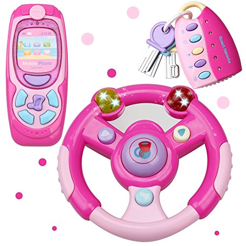 MagicCindy 3 in 1 Interactive Musical Toys – Steering Wheel, Mobile Phone & Car Keys with Lights Music and Sounds