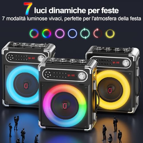JYX Karaoke with 2 Microphone, 6.5 Inch Portable System, 80 W Bluetooth 5.3 Speaker, Treble/Bass Controls and LED Light, TWS Compatible, USB/TF/FM Radio, Recording Function, Black