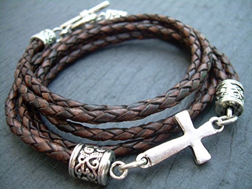 Handmade Braided Leather Bracelet, Antique Brown, Cross Bracelet, Cross, Religious Gift, Mens Bracelet, Womens Bracelet…