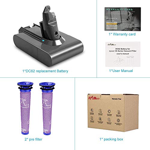 FLYLINKTECH 21.6V 3000mAh V6 Battery Replacement Li-ion Battery for DC59 V6 DC58 DC61 DC62 Animal DC72 DC74 595 650 770 880 Handheld Cordless Vacuum Cleaner with 2 Pack Pre Filter