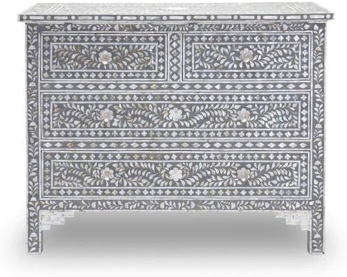 Grey Handmade Mother of Pearl Shell Inlay Chest of Drawers