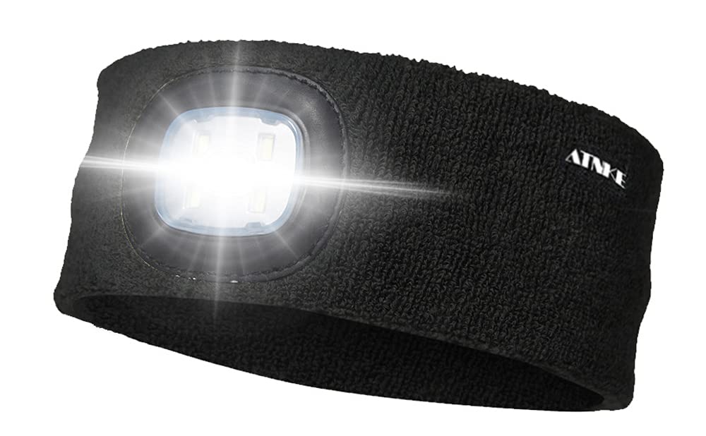 ATNKE LED Lighted Headband, USB Rechargeable Running Hat Ultra Bright 4 LED Waterproof Light Lamp Headlamp High Stretch Moisture Wicking Multi-Color/Black