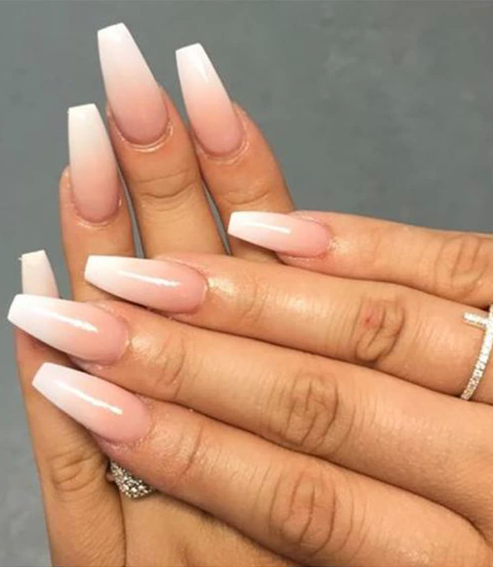 Morily Press on Nails - Pink Ombre Coffin Fake Nails Medium Length, French Tip Glossy False Stick on Fingernails for Women - 24Pcs in 12 Sizes