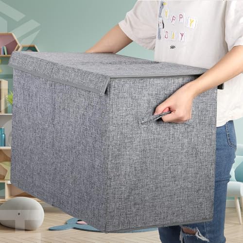AMROAH 63x33x40cm Large Toy Box with Lid & Handle, Toy Storage Box Bins Collapsible Sturdy Organizer for Kids Girls Boys Nursery Baby Playroom Bathroom Living Room