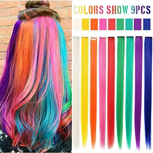 Kanersty MQY 9PCS Rainbow Hair Accessories Doll Clip In/On Multi-Color Party Highlights Straight Colored Extensions For American Girls And Dolls Wig Pieces Colorful Hairpieces