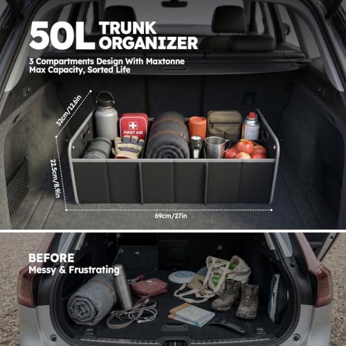 Maxtonne Car Boot Organiser, Heavy-Duty 600D Oxford Collapsible Storage Box with 3- Compartments & Securing Straps, Foldable Tidy for SUV/Hatchback/Estate Car (50L)