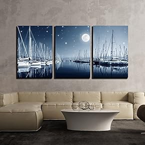 3 Piece Canvas Wall Art - Beautiful Landscape of Yacht Harbor at Night, Full Moon, Marina in Bright Moonlight - Modern Home Art Stretched and Framed Ready to Hang - 16"x24"x3 Panels
