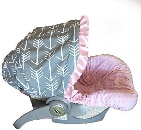 Infant Car Seat Cover in grey and white Arrows with a pink ruffle and a soft pink minky seat cover