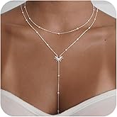 CHESKY Lariat Gold Necklace for Women Trendy, Dainty Long Necklace 14k Gold Plated/Silver Y-Shaped Pendant Necklace Layered Cz Beaded Chain Drop Necklaces Simple Gold Jewelry For Women Gift