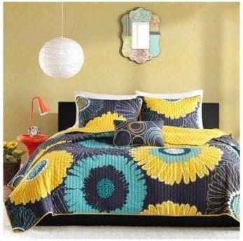 Amazon Com Modern Coverlet Bed Set Teen Bedding Modern Teal Blue Yellow Floral Flowers Daisey Girls Bedspead Update Home Full Queen Full Queen