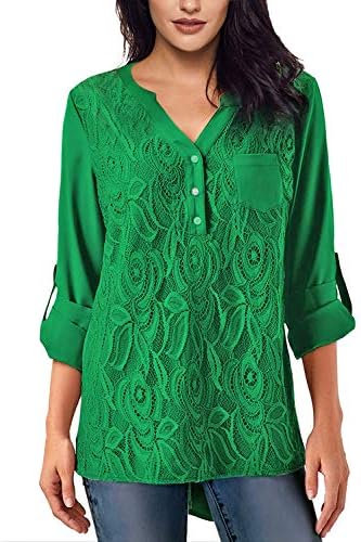 Jevole Womens Casual Long Sleeve Solid Cuffed Button Floral Lace Chiffon Blouses Top