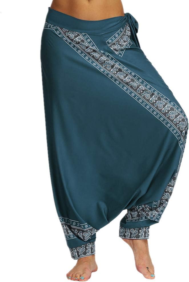 Women's Bohemian Pants, Thai Floral Baggy Harem Pants Yoga Printed Hippy Smocked Waist Hippie Trousers for Pilates