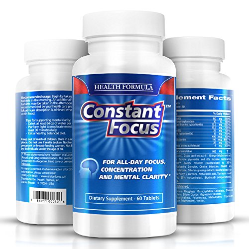 Constant Focus Brain Booster Pills -- Nootropic Natural Herbal Brain Health Supplement with Bacopa Monnieri for All Day Focus - Memory - Concentration - Alertness & Mental Clarity -- 60 Tabs