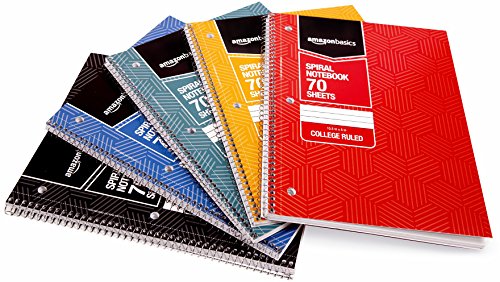 AmazonBasics College Ruled Wirebound Notebook, 70-Sheet, Assorted Sunburst Pattern Colors, 5-Pack
