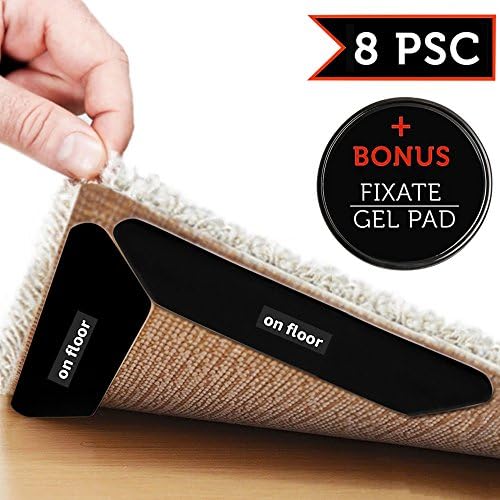 KNGVTH Rug Grippers - Best 8 pcs Black Anti Curling Rug Gripper + 1 pcs Anti-Slip Gel Pads, Keeps Rug in Place &amp; Makes Corners Flat, Reusable and Easy to Remove for Various Floors and Carpets