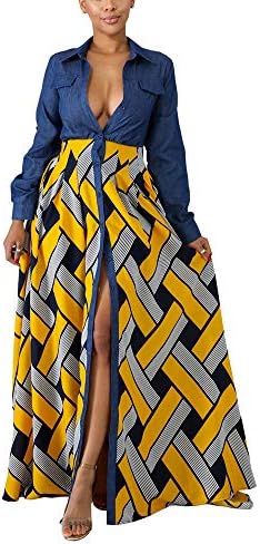 Button Down Shirt Dress Roll Up Long Sleeve Collar Dresses - Women Denim Geometric Print Cocktail Long Maxi Dress