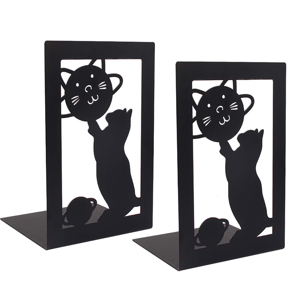 SIPLIV Minimalist Style Bookends Metal Adjustable Non Skid Books Holder Stand Book Rack Desk Bookends for School, Library, Home or Office - Cat (Black, 1 Pair)