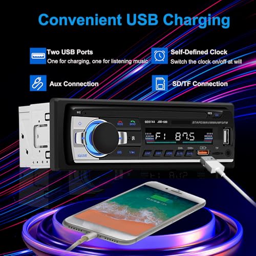 Car Radio Bluetooth 5.0, 4 x 60 W 1 DIN FM Car Radio with Hands-Free Function, Stereo Sound with Clock/Remote Control/Double USB/LCD Screen, Supports 2 USB/AUX/SD/TF/EQ/DSP