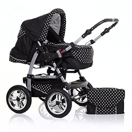 14 teiliges Qualitäts-Kinderwagenset 2 in 1 „FLASH“ in 38 Farben: Kinderwagen + Buggy - Megaset – all inklusive Paket in Farb