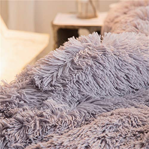 MooWoo 4PCS Shaggy Bedding Sets, 1 Velvet Flannel Duvet Cover + 1 Quilted Ruffle Bed Sheet Skirt + 2 Pompoms Fringe Pillow Sham, Zipper Closure Velvet Bedding Sets (Gray, Full)