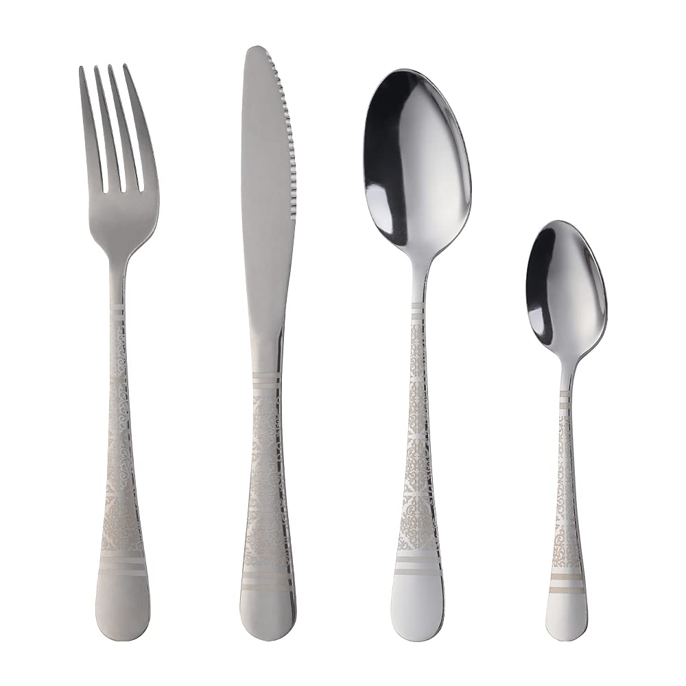 Cutlery Set, Buyer Star 16-Piece Stainless Steel Flatware Set, Flower Pattern Tableware Silverware Set with Spoon Knife and Fork Set, Service for 4, Dishwasher Safe (Silver)