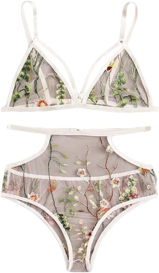 Sexy Floral Embroidered Lingerie for Women Lace Teddy Bodysuit Straps Halter Sheer Mesh Underwear