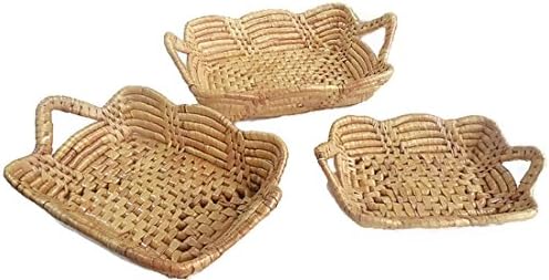 Rectangle Water Hyacinth Tray Basket with Handles, Set of 3