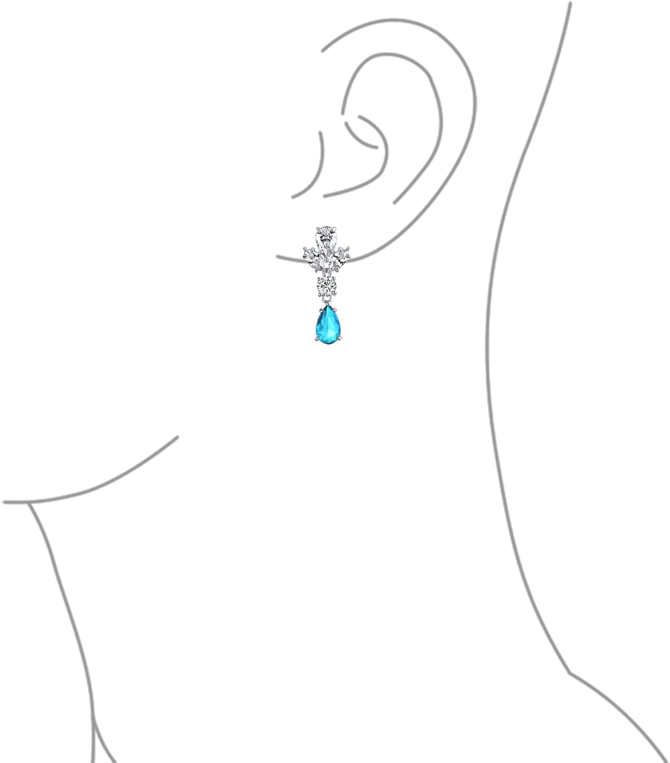 Vintage Art Deco Style Blue Simulated Aquamarine Cubic Zirconia AAA CZ Statement Dangle Formal Leaf Teardrop Chandelier Clip On Earrings Wedding Prom Silver Plated - Image 4