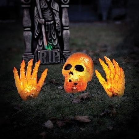 4' Wide Orange Lighted Ground Breaker Skull / Transparent Skeleton With Hands by Haunted Haunts