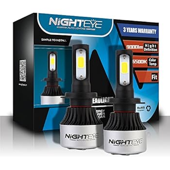 NIGHTEYE H7 LED Headlight Bulbs,High Brightness 72W 9000Lumens 6500K Xenon White Extremely Bright COB LED Chipsets H7 Headlight/Fog-light Conversion Kit(pack of 2)