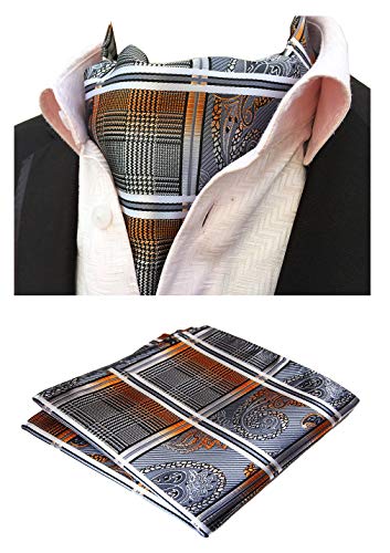 MOHSLEE Men's Grey Plaid Ascot Jacquard Woven Gift Cravat Ties Pocket Square Set