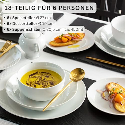 SÄNGER | Tafelservice New Port weiß, 18-teiliges Geschirrset für 6 Personen aus Porzellan, Hochzeitsteller, Speiseteller, Suppenteller | PREMIUM COLLECTION thumbnail 3