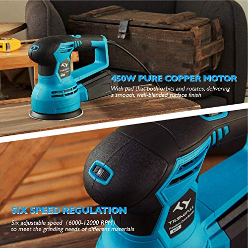 Lijadora Orbital 450W Tilswall, Lijadora Excéntrica de 6 Velocidades Variables 6000-12000RPM, con 12 Piezas Lijas… - Imagen 5