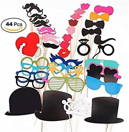 44 Packs Party Photo Booth Props Diy Kit, Paper Prop On Wood Stick for Taking Funny Photos on Birthday/ Wedding/ Reunions/ Dress-up Costume Accessories with Mustache, Hats, Glasses, Lips, Bowties