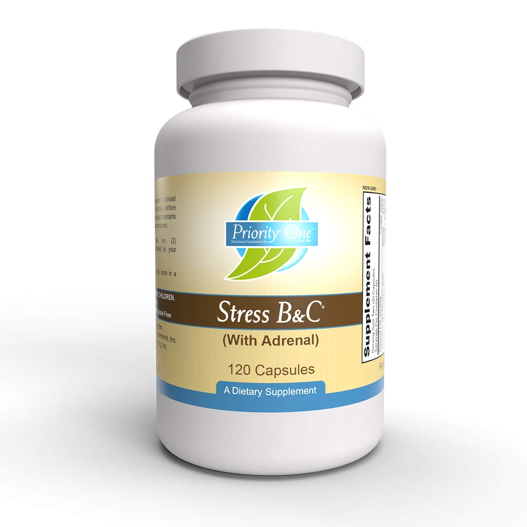 Priority One Vitamins Stress B & C 120 Capsules - B Complex with Whole Gland Adrenal to Support Healthy Nerves, Skin, Eyes, gastrointestinal, and Brain Functions.*
