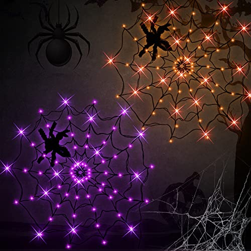 Dazzle Bright Halloween Decorations, 2 Pack 80 LED Spider Web Lights with Spider, 8 Modes Light up Halloween Xmas Decor for Indoor Ourdoor Garden Yard Home Patio (1 Purple 1 Orange)