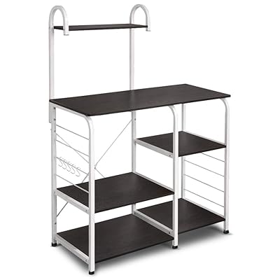 VANSPACE Industrial 4-Tier Microwave Stand with 5 Hooks, Walnut