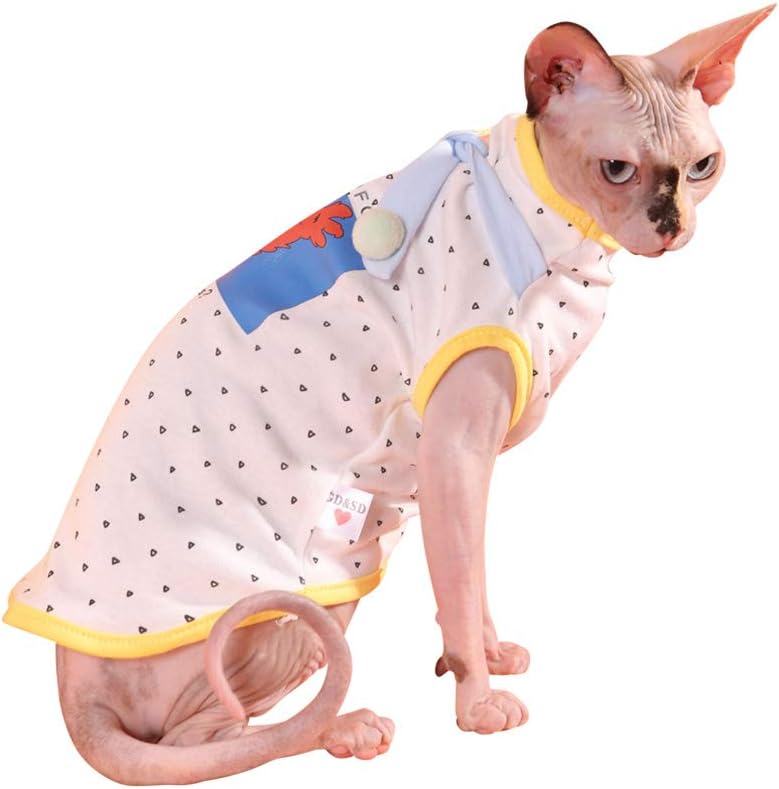 Khemn 100% Cotton Skin-Friendly White Dotted Fashion Cat Vest Cat Shirt Cat Clothes -Best for Hairless Cat